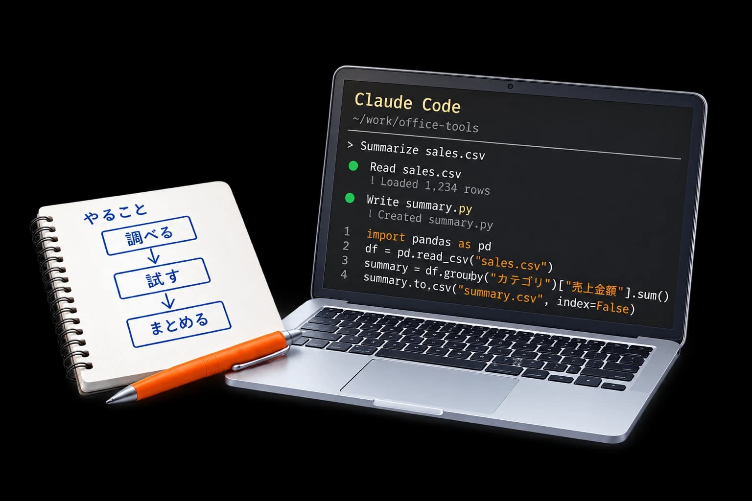Claude Codeの画面を表示したノートPCと、作業手順を書いたノート